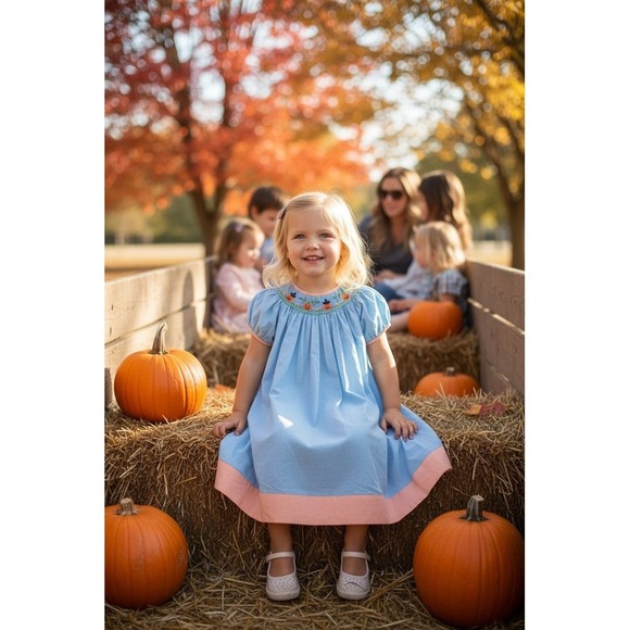 Rosalina Collections Other - Vive La Fete Girls Smocked Maxi‎ Dress Blue Gingham Pumpkin Halloween 4T